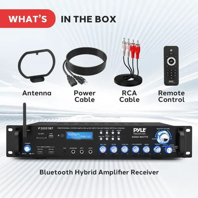 Alt view image 7 of 7 - 3000W Multi-Channel Bluetooth Wireless Power Amplifier - Rack Mount - Stereo Receiver w/ FM Radio - USB/SD - Dual Mic w/ Echo - RCA - Headphone - LED Display - Cooling Fan - P3001BT