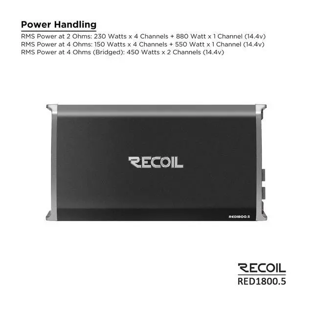 Alt view image 4 of 7 - RED1800.5 Class-D Car Audio 5-Channel Amplifier 1800W Max Power | Mono 1 Ohm Stable Remote Bass Knob Included