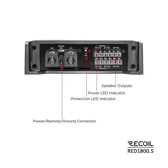 Alt view image 5 of 7 - RED1800.5 Class-D Car Audio 5-Channel Amplifier 1800W Max Power | Mono 1 Ohm Stable Remote Bass Knob Included