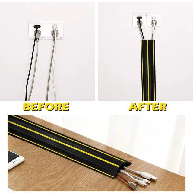 Alt view image 3 of 6 - 10Ft Cord Covers for Wires on Floor, 3-Channel PVC Floor Cable Cover for Small to Medium Wires, Anti-Slip Base with Yellow Warning Stripes, Indoor Floor Cord Cover for Home Office Events
