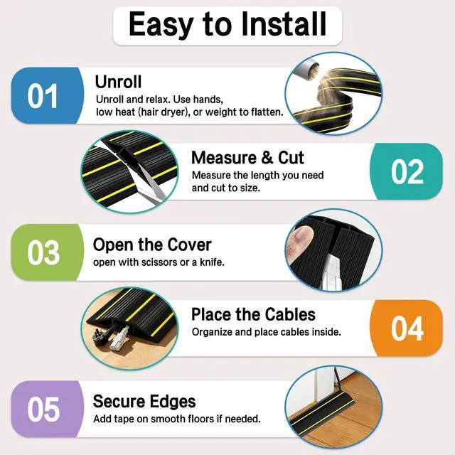 Alt view image 4 of 6 - 10Ft Cord Covers for Wires on Floor, 3-Channel PVC Floor Cable Cover for Small to Medium Wires, Anti-Slip Base with Yellow Warning Stripes, Indoor Floor Cord Cover for Home Office Events
