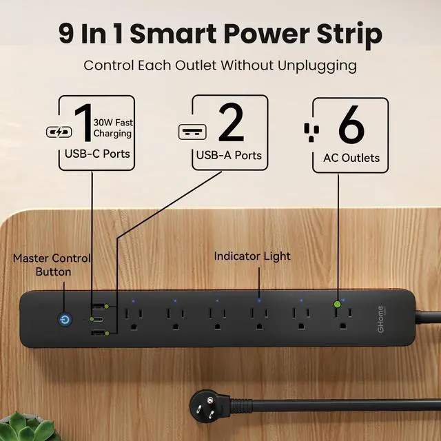 Alt view image 2 of 7 - Plug Power Strip with 6 Smart Outlets & 3 USB Ports (30W Fast Charge, 2A1C), WiFi Surge Protector Works with Alexa & Google Home, Energy Monitoring, 2.4GHz Only, No Hub Required, Black