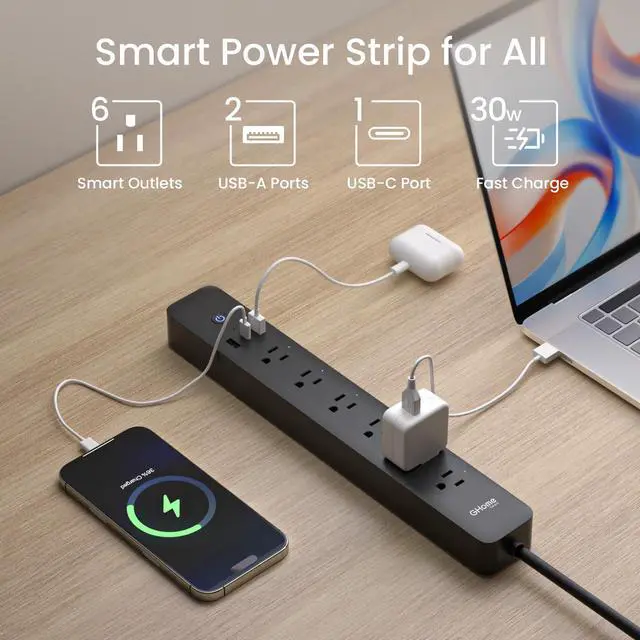 Alt view image 3 of 7 - Plug Power Strip with 6 Smart Outlets & 3 USB Ports (30W Fast Charge, 2A1C), WiFi Surge Protector Works with Alexa & Google Home, Energy Monitoring, 2.4GHz Only, No Hub Required, Black