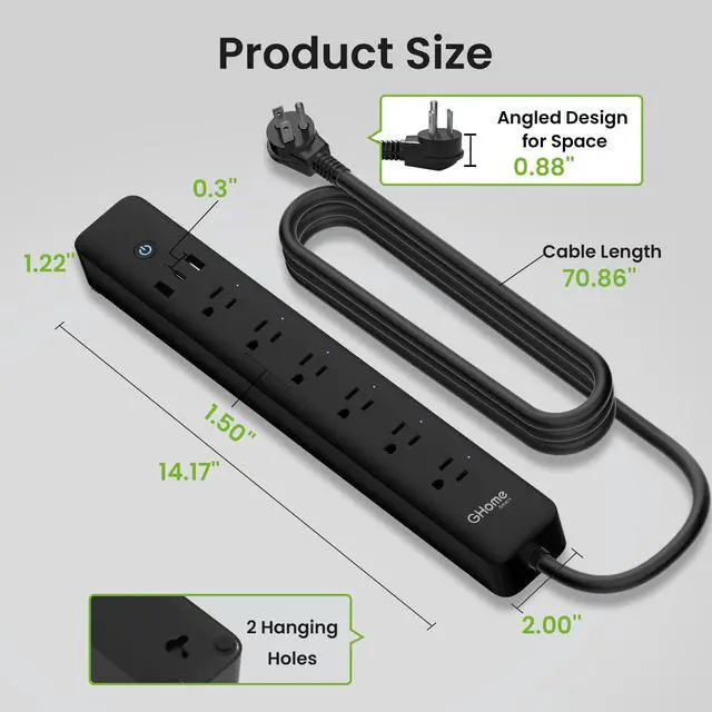 Alt view image 7 of 7 - Plug Power Strip with 6 Smart Outlets & 3 USB Ports (30W Fast Charge, 2A1C), WiFi Surge Protector Works with Alexa & Google Home, Energy Monitoring, 2.4GHz Only, No Hub Required, Black
