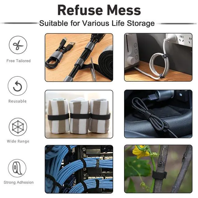 Alt view image 3 of 7 - 164ft x1/2 inch Reusable Fastening Cable Ties, 82ft x 2Rolls | Double-Sided Hook Loop Roll,Self-Gripping Strips,Multi-Purpose Wrap Fasteners for Office,Home,Data Center,Wire Bundling