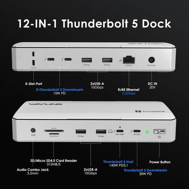 Alt view image 2 of 7 - Intel EVO Certified TBT5 Dock, 120Gbps, 140W PD, 8K, USB-A, Cooling | Thunderbolt 5 Docking Station hub TB5 Dock 8K Display 140W Max Charging 4X USB-A 3.2 TBT 5/4 Laptops laptop cooling system