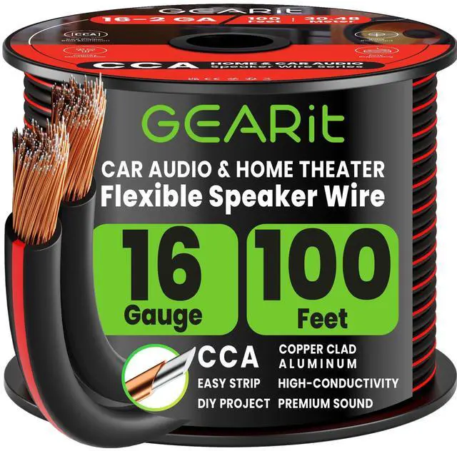 Main image of 16 Gauge Speaker Wire 100FT,16/2 Speaker Cable for Home & Car Audio | Black Speaker Wire 16 Gauge with Foot Markers,Polarity Marked,16 AWG Speaker Wires for DIY Installations(CCA,Black)