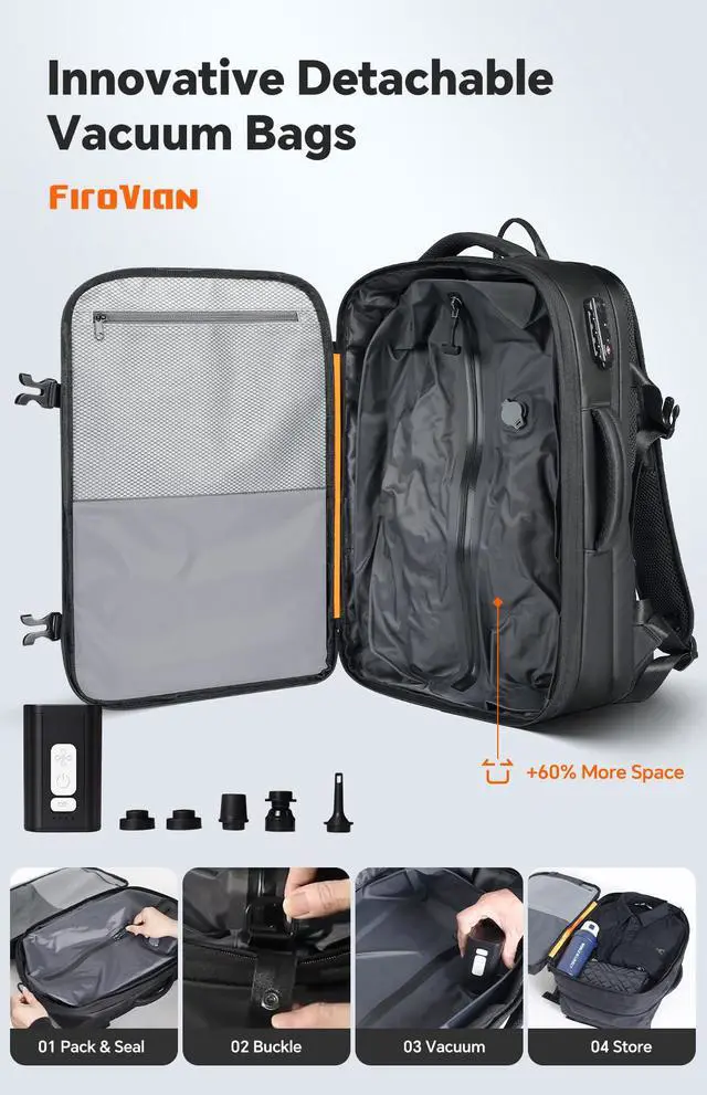 Alt view image 3 of 7 - 70L Travel Backpack with Vacuum Compression System | 70L Vacuum Backpack, 2 Detachable TPU Bags, TSA Lock, Fits 16" Laptop, Water-Resistant Travel & Business