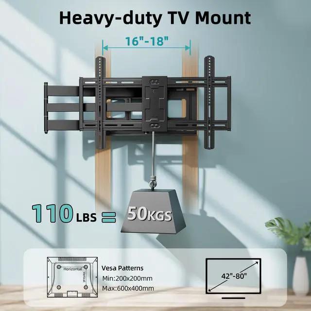 Alt view image 3 of 7 - Extra Long Arm Full Motion TV Wall Mount for 4280 TVs | 43 Long Extension, Swivel ±90° & Tilt ±10°, Leveling ±3°, Holds Up To 110 Lbs, Max Vesa 600x400mm, Fits 16,18 Studs
