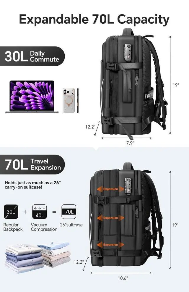 Alt view image 4 of 7 - 70L Travel Backpack with Vacuum Compression System | 70L Vacuum Backpack, 2 Detachable TPU Bags, TSA Lock, Fits 16" Laptop, Water-Resistant Travel & Business