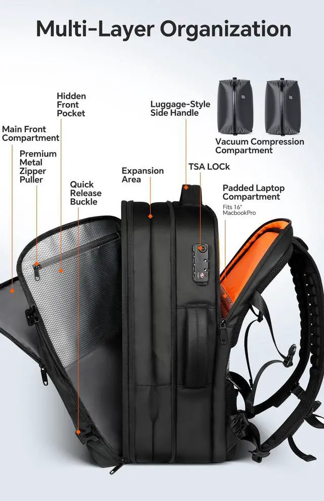 Alt view image 5 of 7 - 70L Travel Backpack with Vacuum Compression System | 70L Vacuum Backpack, 2 Detachable TPU Bags, TSA Lock, Fits 16" Laptop, Water-Resistant Travel & Business