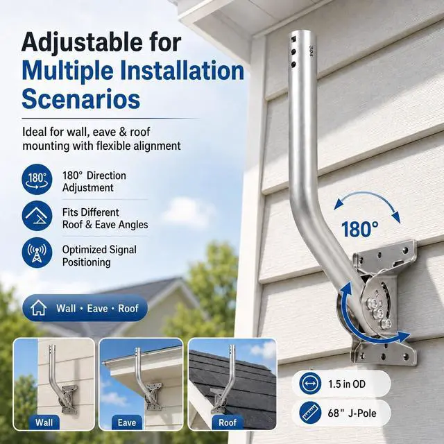 Alt view image 5 of 7 - Stainless Steel Antenna Mount (1.5" x 68"), Heavy-Duty Adjustable J-Pole Mast for TV Antenna, Starlink, Satellite Dish, or Weather Station, Universal Wall, Eave & Roof Mounting Bracket
