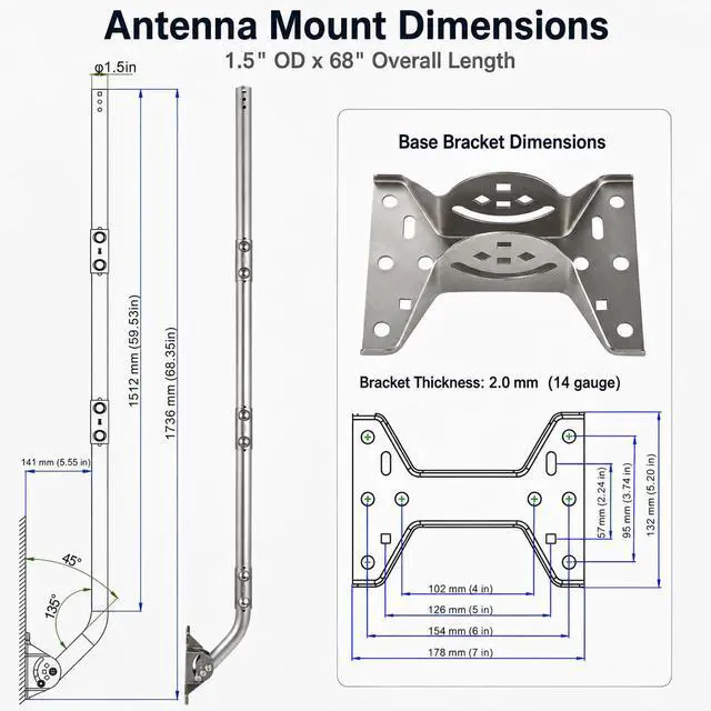 Alt view image 6 of 7 - Stainless Steel Antenna Mount (1.5" x 68"), Heavy-Duty Adjustable J-Pole Mast for TV Antenna, Starlink, Satellite Dish, or Weather Station, Universal Wall, Eave & Roof Mounting Bracket