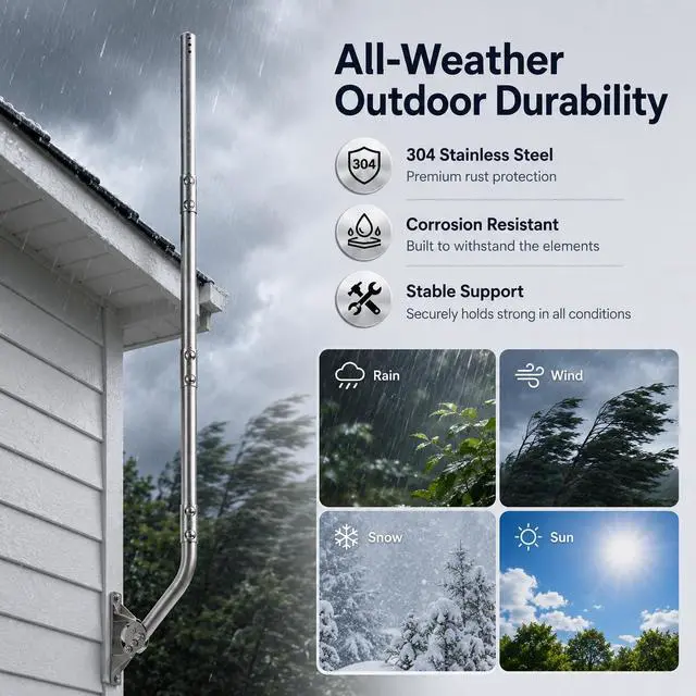 Alt view image 7 of 7 - Stainless Steel Antenna Mount (1.5" x 68"), Heavy-Duty Adjustable J-Pole Mast for TV Antenna, Starlink, Satellite Dish, or Weather Station, Universal Wall, Eave & Roof Mounting Bracket