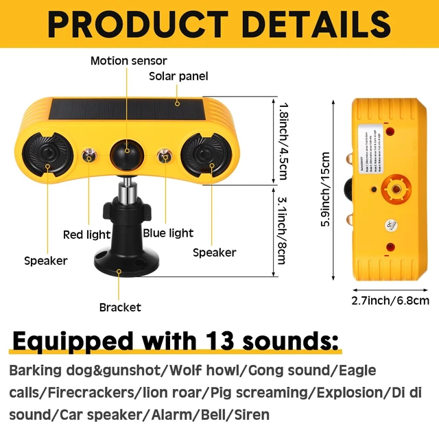 Alt view image 2 of 7 - 6 Pack Solar Motion Sensor Alarm 129db Motion Detector Noise Maker 13 Sound Detector Strobe Light, 4 Modes Animal Deterrent Dog Barking Alarm, Mount on Ground Fence Wall Garden
