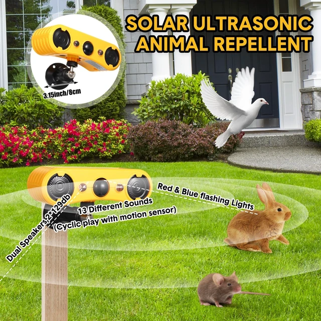 Alt view image 4 of 7 - 6 Pack Solar Motion Sensor Alarm 129db Motion Detector Noise Maker 13 Sound Detector Strobe Light, 4 Modes Animal Deterrent Dog Barking Alarm, Mount on Ground Fence Wall Garden