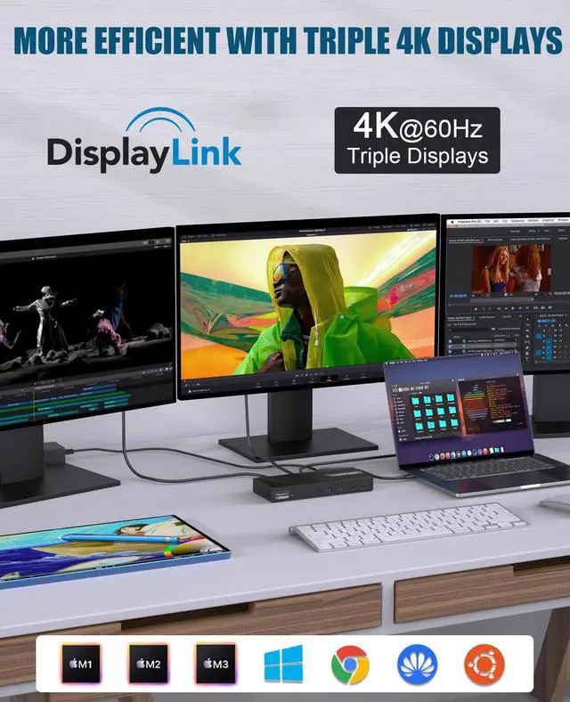 Alt view image 3 of 7 - USB-C Triple Monitor Docking Station, 3 * 4K@60Hz Displaylink Dock | 100W PD For Mac(M1-M5/Neo), Windows, 3×HDMI/2×DisplayPort, 6x10Gbps USB Ports, Ideal for Workstation & Home Offic