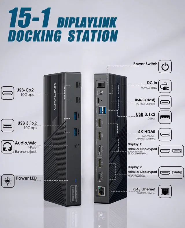 Alt view image 2 of 7 - USB-C Triple Monitor Docking Station, 3 * 4K@60Hz Displaylink Dock | 100W PD For Mac(M1-M5/Neo), Windows, 3×HDMI/2×DisplayPort, 6x10Gbps USB Ports, Ideal for Workstation & Home Offic