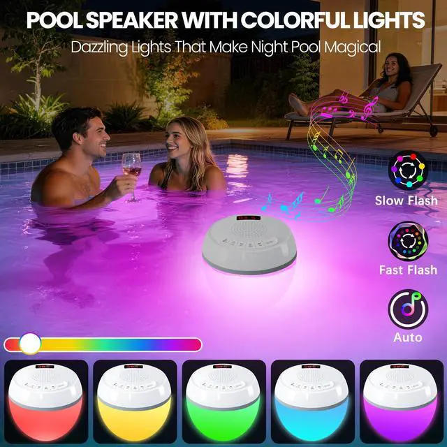 Alt view image 2 of 7 - 3in1 Floating Pool Speaker with Digital Pool Thermometer & Lights | RGB Lights, TWS, IP68 Waterproof, Bluetooth 5.0, 360° Surround Sound, LCD Temperature Display, ABS,USB Charging