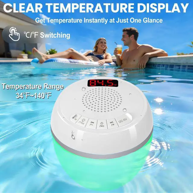 Alt view image 5 of 7 - 3in1 Floating Pool Speaker with Digital Pool Thermometer & Lights | RGB Lights, TWS, IP68 Waterproof, Bluetooth 5.0, 360° Surround Sound, LCD Temperature Display, ABS,USB Charging