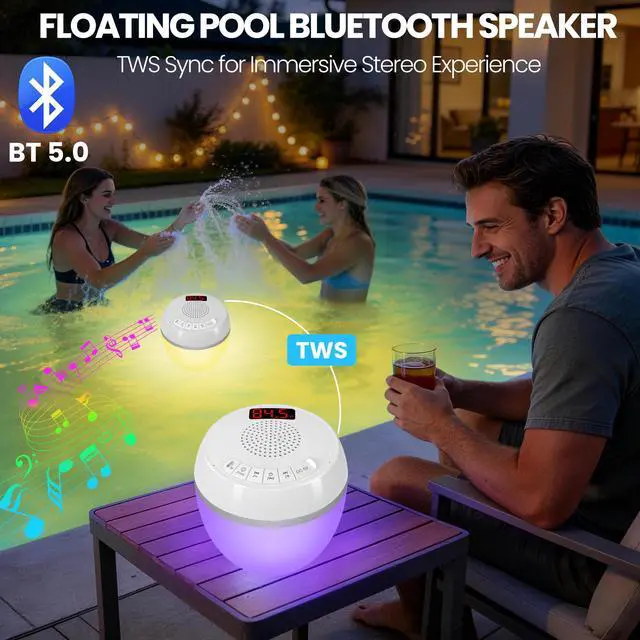 Alt view image 3 of 7 - 3in1 Floating Pool Speaker with Digital Pool Thermometer & Lights | RGB Lights, TWS, IP68 Waterproof, Bluetooth 5.0, 360° Surround Sound, LCD Temperature Display, ABS,USB Charging