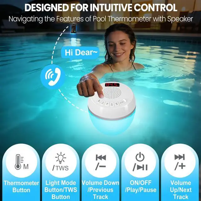 Alt view image 6 of 7 - 3in1 Floating Pool Speaker with Digital Pool Thermometer & Lights | RGB Lights, TWS, IP68 Waterproof, Bluetooth 5.0, 360° Surround Sound, LCD Temperature Display, ABS,USB Charging