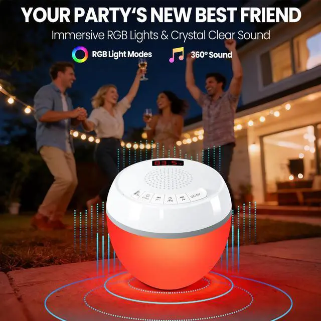 Alt view image 7 of 7 - 3in1 Floating Pool Speaker with Digital Pool Thermometer & Lights | RGB Lights, TWS, IP68 Waterproof, Bluetooth 5.0, 360° Surround Sound, LCD Temperature Display, ABS,USB Charging