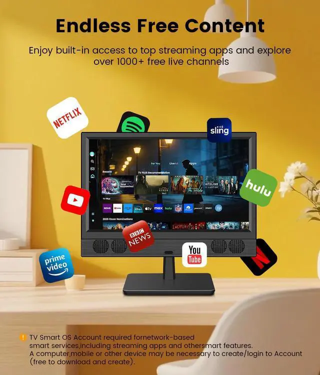 Alt view image 4 of 7 - 15.6 Inch Small Smart TV - Full HD 1080p Compact Flat Screen Smart Television with Wi/Fi, Bluetooth, Voice Remote for Kitchen, Bedroom, RV
