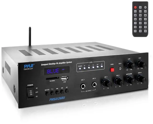 Main image of Public Address Amplifier - 500W Compact Digital Receiver w/ 70V 100V Output, Dual Mic Input, USB-A Input w/ MP3 Player, FM Radio, RCA | Home, Continuous Volume and Commercial | PMSA126BU