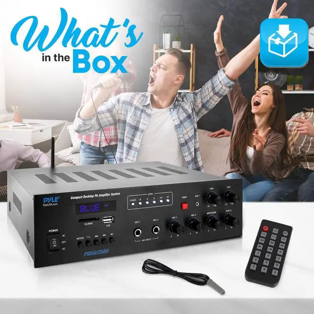 Alt view image 2 of 7 - Public Address Amplifier - 500W Compact Digital Receiver w/ 70V 100V Output, Dual Mic Input, USB-A Input w/ MP3 Player, FM Radio, RCA | Home, Continuous Volume and Commercial | PMSA126BU