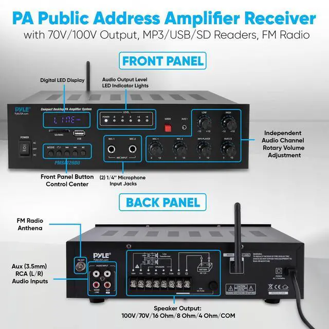 Alt view image 3 of 7 - Public Address Amplifier - 500W Compact Digital Receiver w/ 70V 100V Output, Dual Mic Input, USB-A Input w/ MP3 Player, FM Radio, RCA | Home, Continuous Volume and Commercial | PMSA126BU
