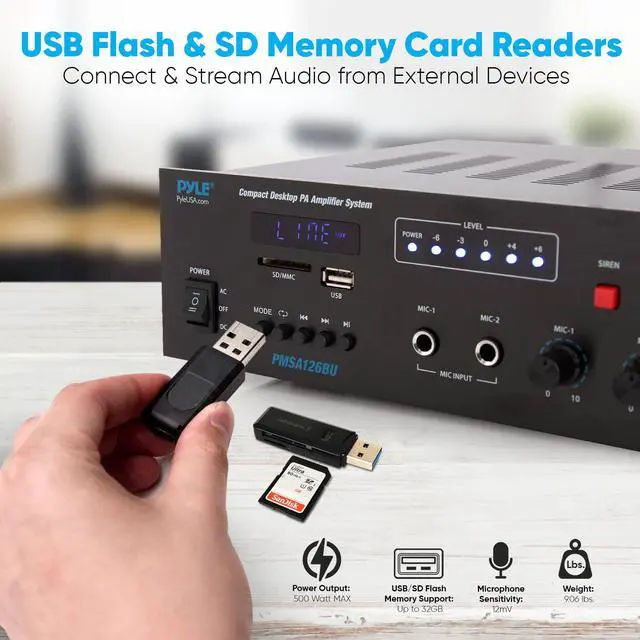 Alt view image 5 of 7 - Public Address Amplifier - 500W Compact Digital Receiver w/ 70V 100V Output, Dual Mic Input, USB-A Input w/ MP3 Player, FM Radio, RCA | Home, Continuous Volume and Commercial | PMSA126BU