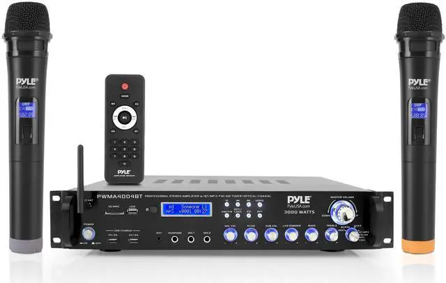 Main image of Bluetooth Multi-Channel Hybrid Pre-Amplifier System - 3000W Home Audio Rack Mount Stereo Power Amplifier Receiver w/ Radio, USB, UHF, Dual Wireless Karaoke mic, Speaker Sound System - PWMA4004BT