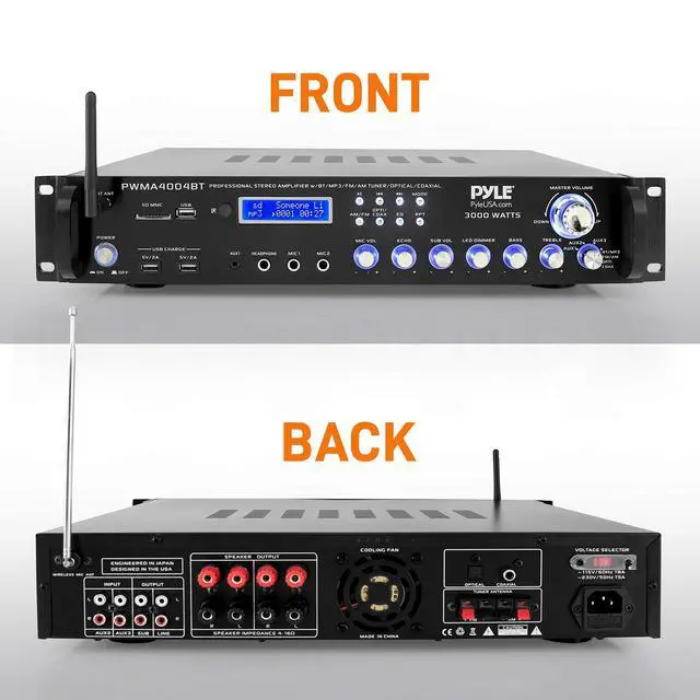 Alt view image 3 of 7 - Bluetooth Multi-Channel Hybrid Pre-Amplifier System - 3000W Home Audio Rack Mount Stereo Power Amplifier Receiver w/ Radio, USB, UHF, Dual Wireless Karaoke mic, Speaker Sound System - PWMA4004BT