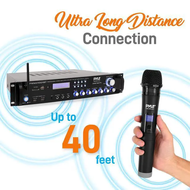 Alt view image 4 of 7 - Bluetooth Multi-Channel Hybrid Pre-Amplifier System - 3000W Home Audio Rack Mount Stereo Power Amplifier Receiver w/ Radio, USB, UHF, Dual Wireless Karaoke mic, Speaker Sound System - PWMA4004BT