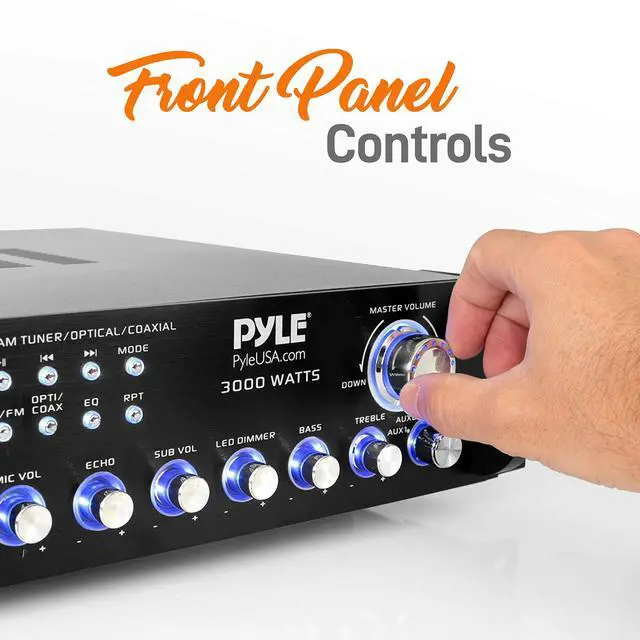 Alt view image 5 of 7 - Bluetooth Multi-Channel Hybrid Pre-Amplifier System - 3000W Home Audio Rack Mount Stereo Power Amplifier Receiver w/ Radio, USB, UHF, Dual Wireless Karaoke mic, Speaker Sound System - PWMA4004BT