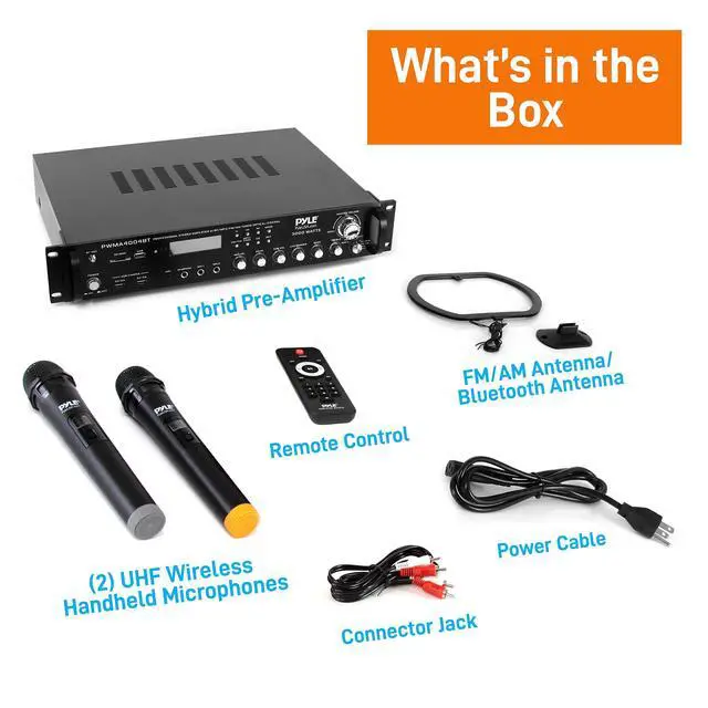 Alt view image 7 of 7 - Bluetooth Multi-Channel Hybrid Pre-Amplifier System - 3000W Home Audio Rack Mount Stereo Power Amplifier Receiver w/ Radio, USB, UHF, Dual Wireless Karaoke mic, Speaker Sound System - PWMA4004BT