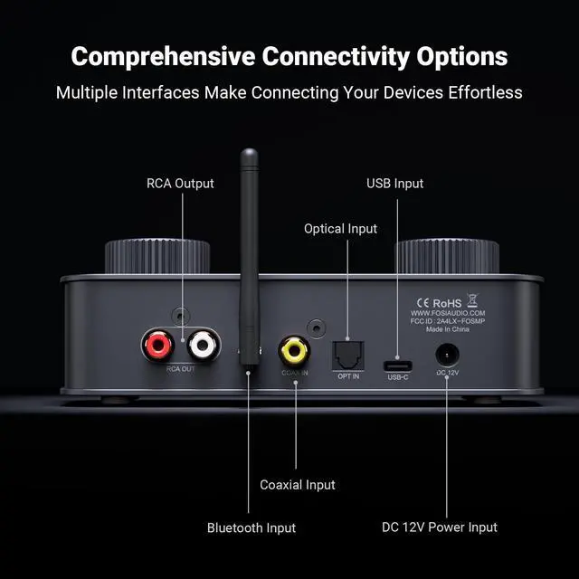 Alt view image 4 of 7 - K7 DAC Headphone Amp, Desktop Headphone Amplifier for Gaming PC PS5 Switch, PCM 384kHz/32bit, 2100mW, USB C/Bluetooth aptX HD LL/Optical/Coaxial/Mic Input, 4.4mm Balanced/3.5mm/RCA Output