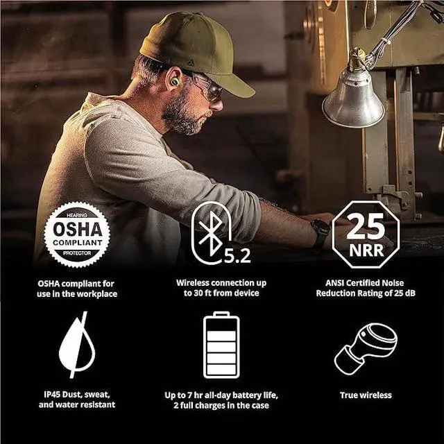 Alt view image 6 of 7 - Free 2.0 Bluetooth Hearing Protection, OSHA Compliant Work Earbuds | 25 dB NRR, wireless earplug headphones, OSHA approved, true wireless Bluetooth, designed for work