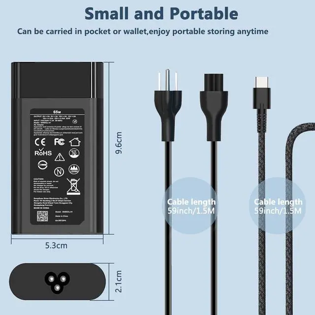 Alt view image 2 of 7 - Slim 65W USB C Laptop Charger Compatible with Hp Envy/EliteBook | for HP Spectre X360, Envy, Chromebook, EliteBook X360, Elite X2