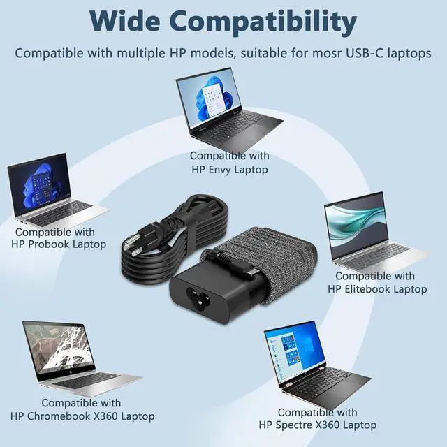 Alt view image 4 of 7 - Slim 65W USB C Laptop Charger Compatible with Hp Envy/EliteBook | for HP Spectre X360, Envy, Chromebook, EliteBook X360, Elite X2