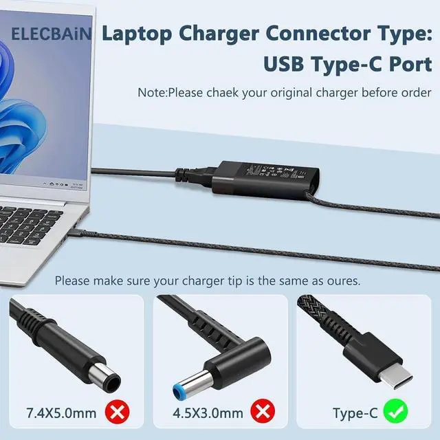 Alt view image 5 of 7 - Slim 65W USB C Laptop Charger Compatible with Hp Envy/EliteBook | for HP Spectre X360, Envy, Chromebook, EliteBook X360, Elite X2