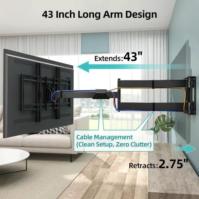 Alt view image 4 of 7 - Extra Long Arm Full Motion TV Wall Mount for 4280 TVs | 43 Long Extension, Swivel ±90° & Tilt ±10°, Leveling ±3°, Holds Up To 110 Lbs, Max Vesa 600x400mm, Fits 16,18 Studs