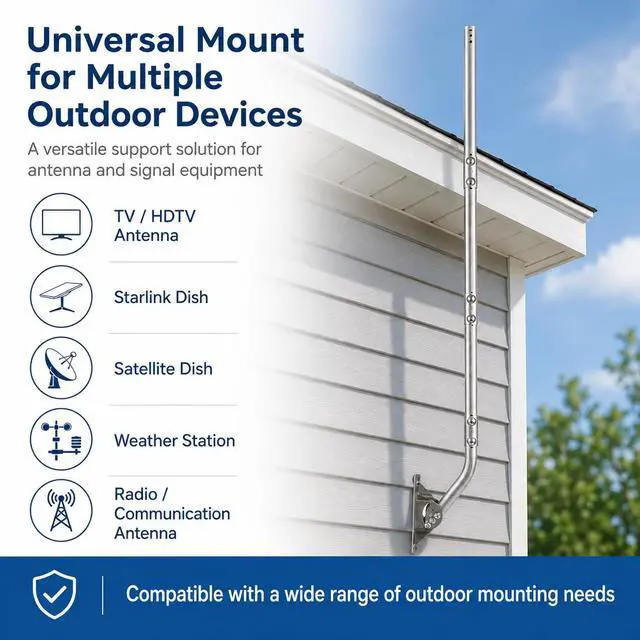 Alt view image 3 of 7 - Stainless Steel Antenna Mount (1.5" x 68"), Heavy-Duty Adjustable J-Pole Mast for TV Antenna, Starlink, Satellite Dish, or Weather Station, Universal Wall, Eave & Roof Mounting Bracket
