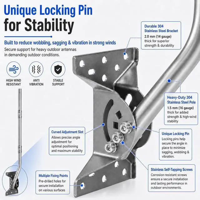 Alt view image 4 of 7 - Stainless Steel Antenna Mount (1.5" x 68"), Heavy-Duty Adjustable J-Pole Mast for TV Antenna, Starlink, Satellite Dish, or Weather Station, Universal Wall, Eave & Roof Mounting Bracket