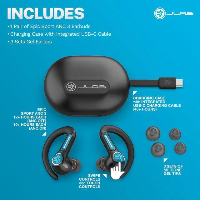 Alt view image 7 of 7 - Epic Air Sport ANC 3, True Wireless Earbuds, Active Noise Cancelling, Bluetooth, Sport, Black