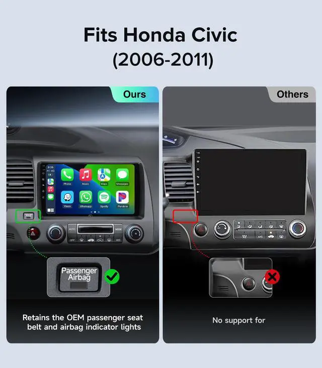 Alt view image 3 of 7 - Car Radio Stereo for Honda Civic 2006-2011, Wireless CarPlay Android Auto | 9" IPS HD touchscreen, 64G storage, 5G WiFi GPS navigation, phone link, Bluetooth FM AM SWC, 1080P backup camera