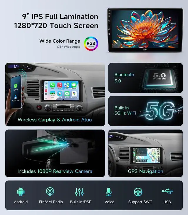 Alt view image 4 of 7 - Car Radio Stereo for Honda Civic 2006-2011, Wireless CarPlay Android Auto | 9" IPS HD touchscreen, 64G storage, 5G WiFi GPS navigation, phone link, Bluetooth FM AM SWC, 1080P backup camera