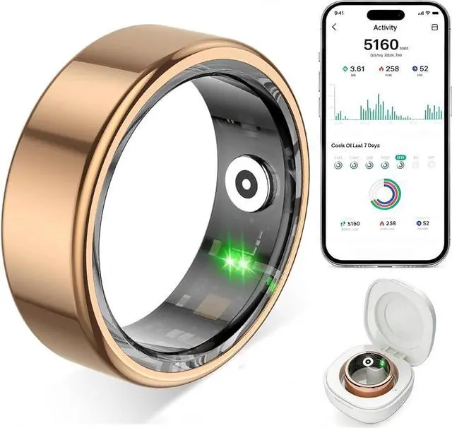 Main image of Smart Ring for Women Men,Fitness Tracker Ring with Heart Rate, Sleep Monitoring, Blood Oxygen, Step Counting for iOS and Android, No Subscription Fee, Waterproof (Gold,9)