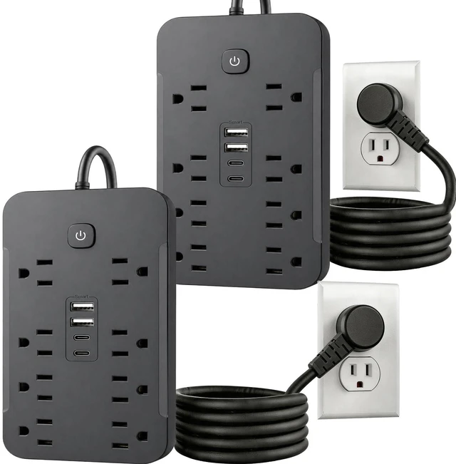 Main image of 2 Pack 6 Feet Surge Protector Power Strip, 8 AC Outlets and 4 USB Ports (2 USB C), 1430W/11.5A, Flat Plug Extension Cord Outlet Extender for Office, Home, Black